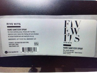 Label (Five Wits Hand Sanitizer Label Photo)